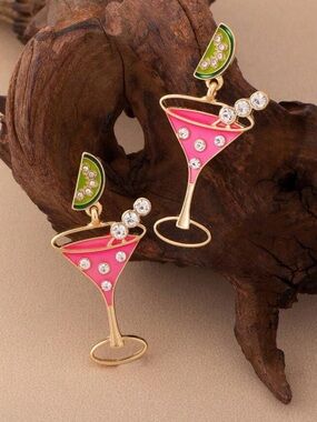 Gold-Tone Pink Martini Drop Earrings with Green Lime Accent